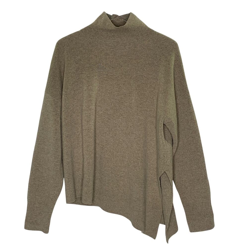 NAP Loungewear Slant Turtleneck Sweater XL Tan 100% Wool Asymmetrical